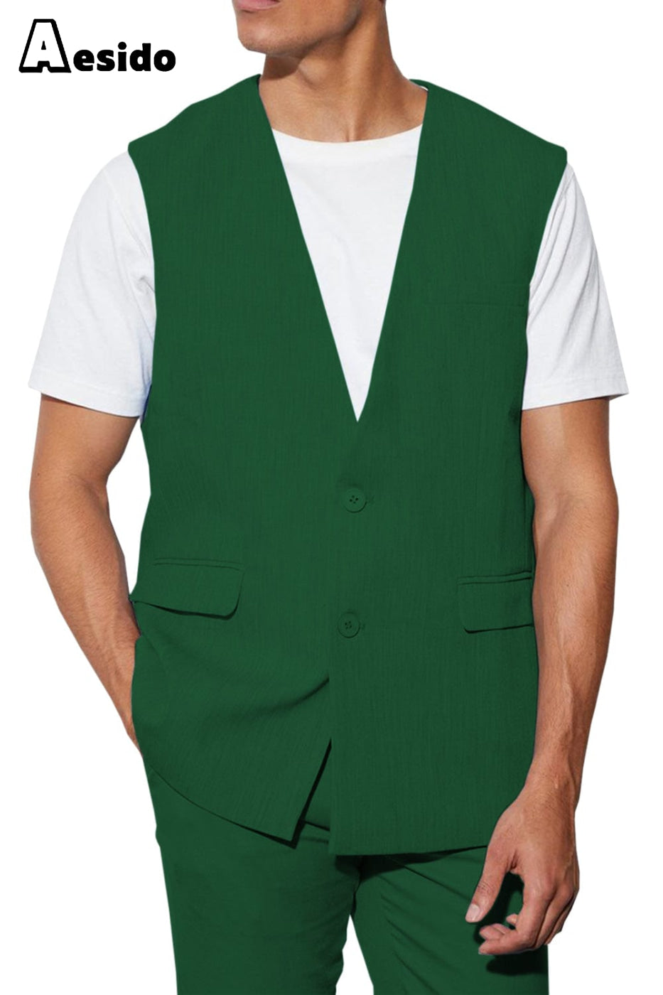 aesido 2 Piece Casual V Neck Double Button Vests (Vest+Pants)