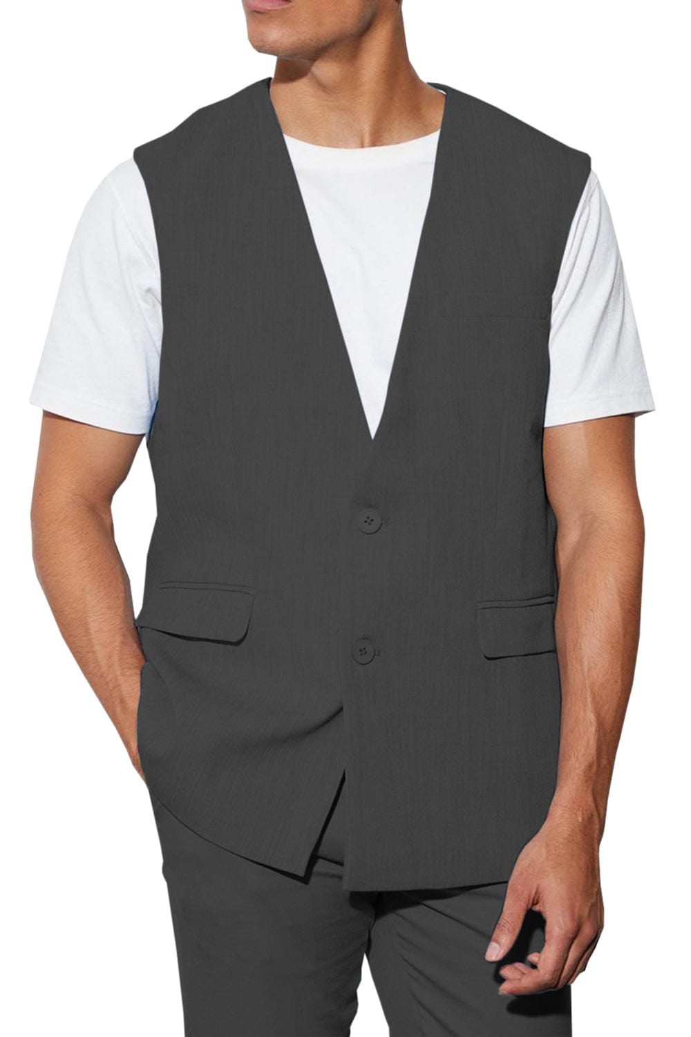 aesido 2 Piece Casual V Neck Double Button Vests (Vest+Pants)