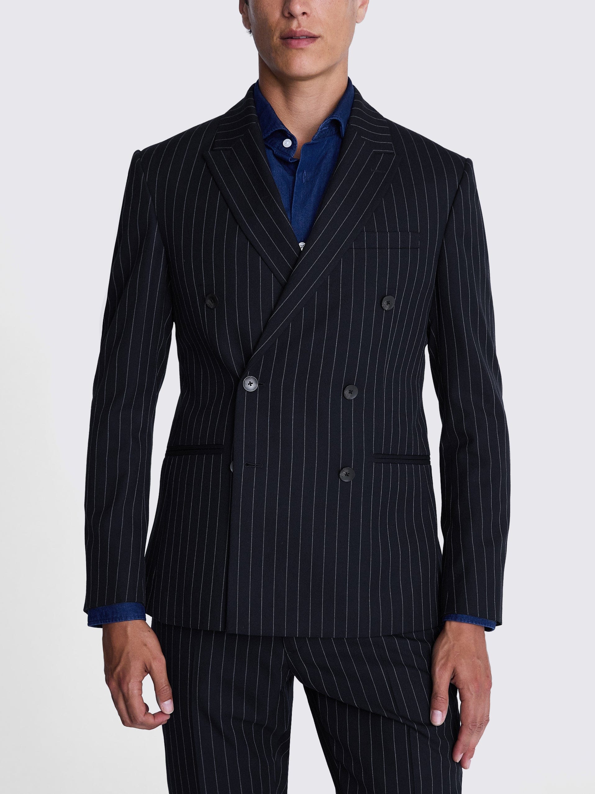 aesido 2 Piece Navy Business Double Breasted Peak Lapel Striped Suit