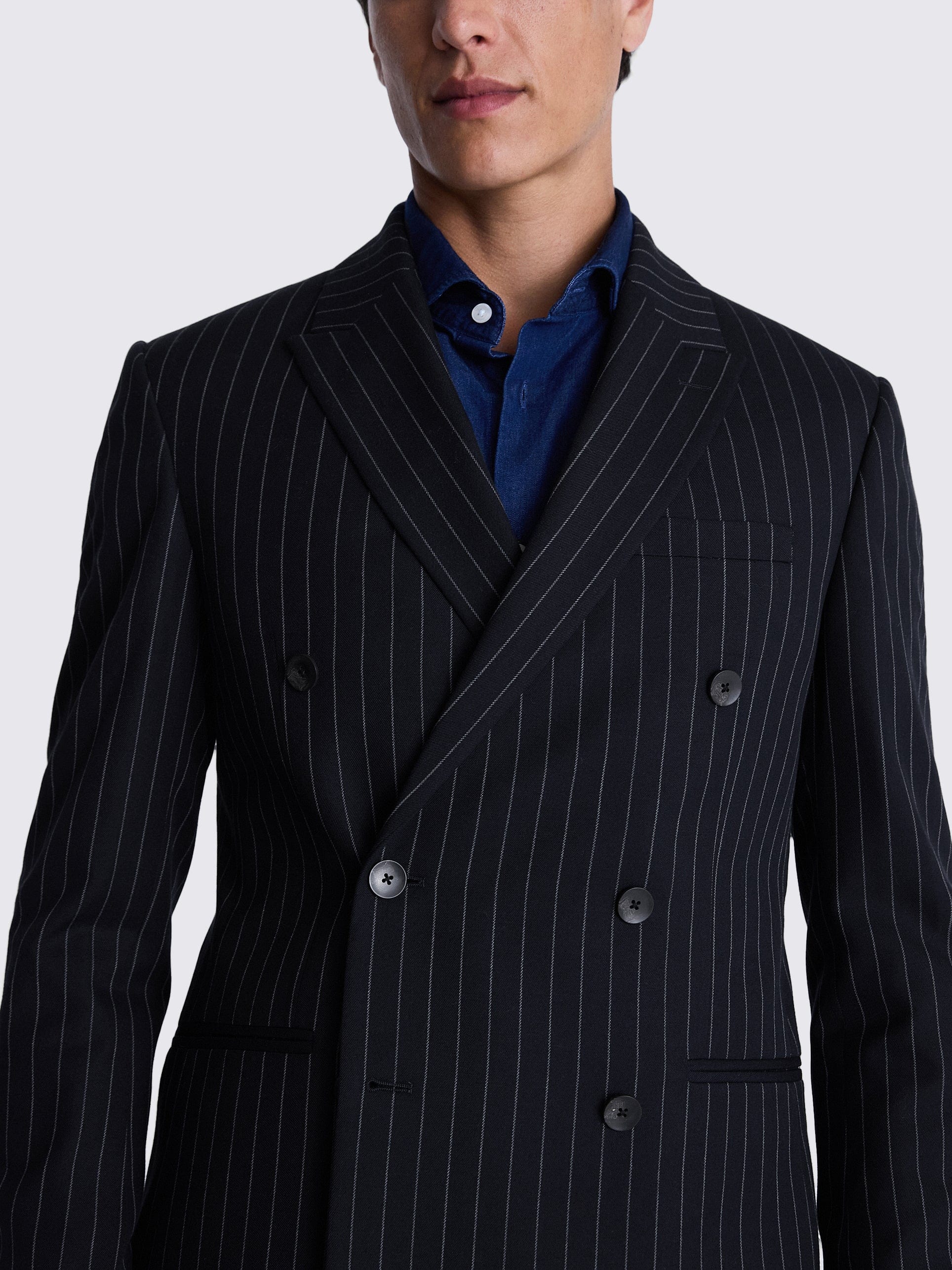 aesido 2 Piece Navy Business Double Breasted Peak Lapel Striped Suit