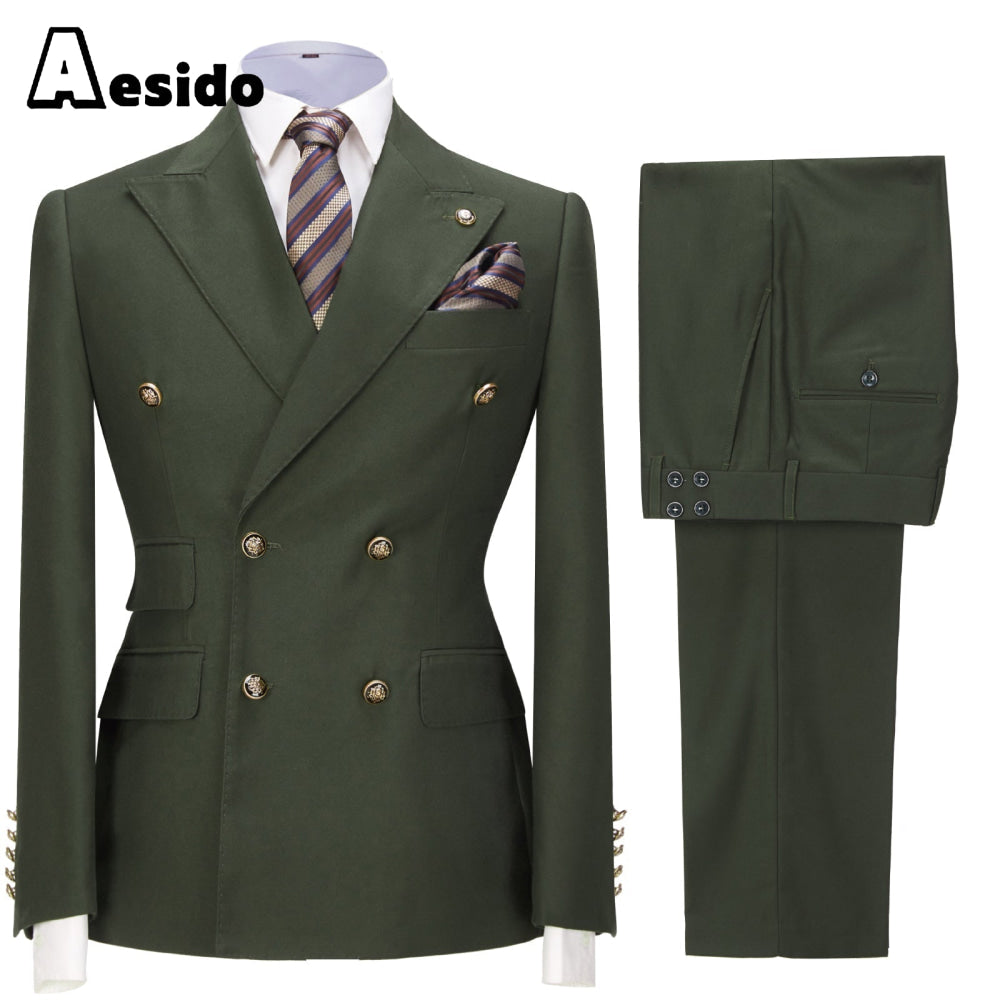 aesido 2 Pieces Business Mens Suit Slim Fit Peak Lapel Flat Blazer For Wedding (Blazer+Pants)