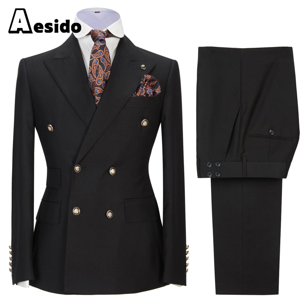 aesido 2 Pieces Business Mens Suit Slim Fit Peak Lapel Flat Blazer For Wedding (Blazer+Pants)