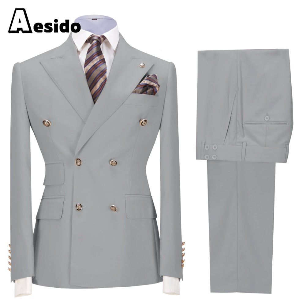 aesido 2 Pieces Business Mens Suit Slim Fit Peak Lapel Flat Blazer For Wedding (Blazer+Pants)