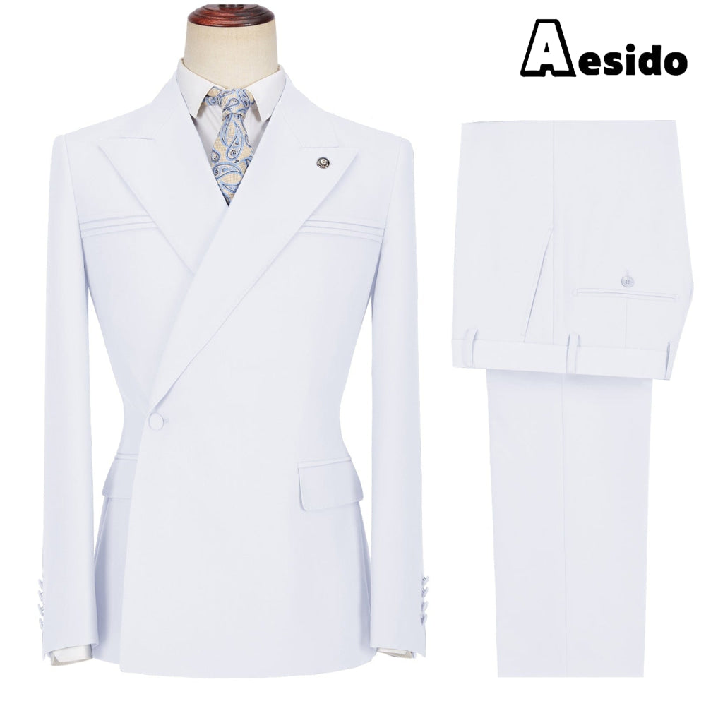 aesido 2 Pieces Business Mens Suit Slim Fit Peak Lapel Flat Blazer For Wedding (Blazer + Pants)