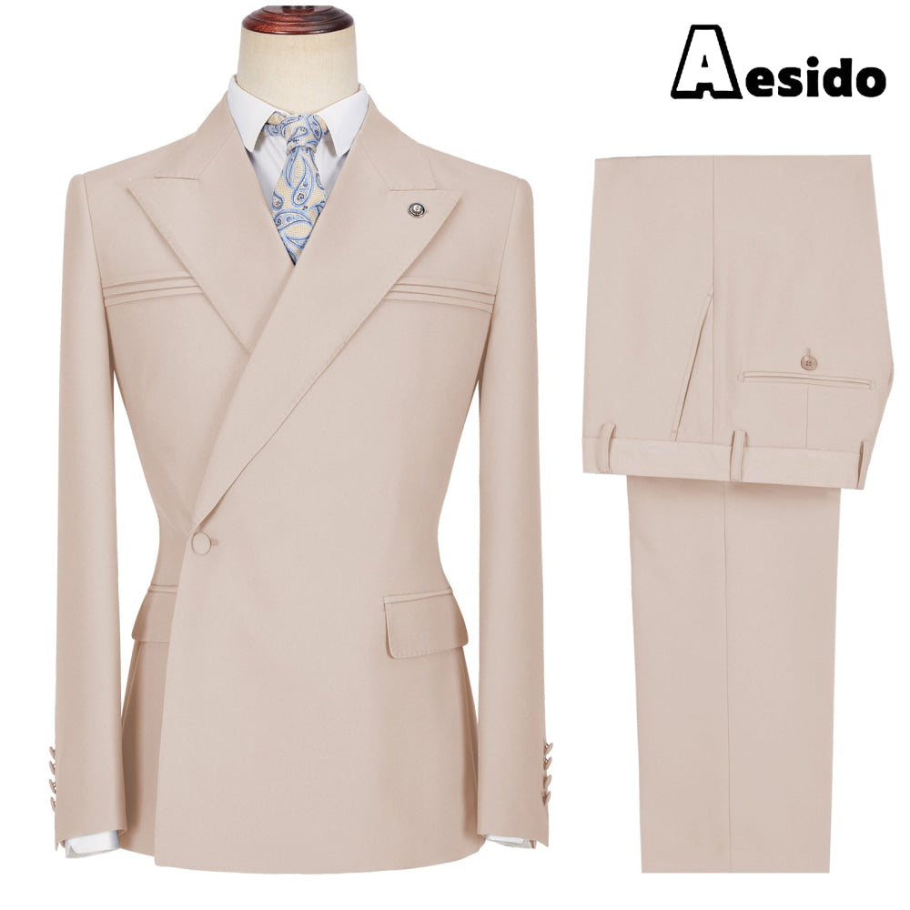 aesido 2 Pieces Business Mens Suit Slim Fit Peak Lapel Flat Blazer For Wedding (Blazer + Pants)