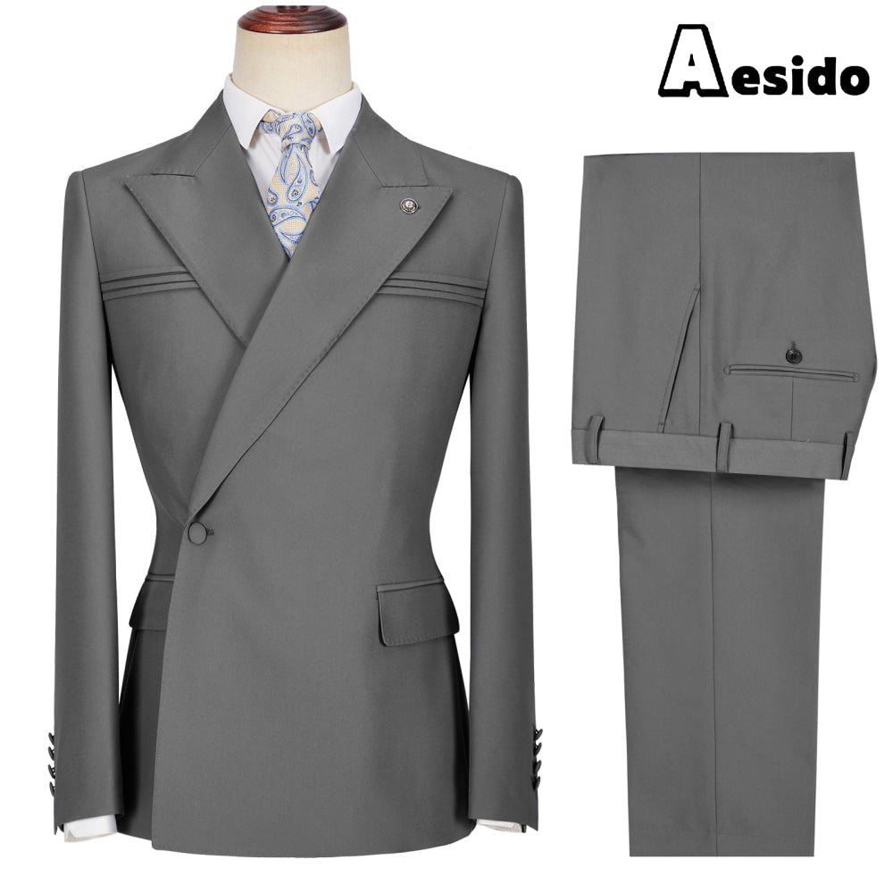 aesido 2 Pieces Business Mens Suit Slim Fit Peak Lapel Flat Blazer For Wedding (Blazer + Pants)