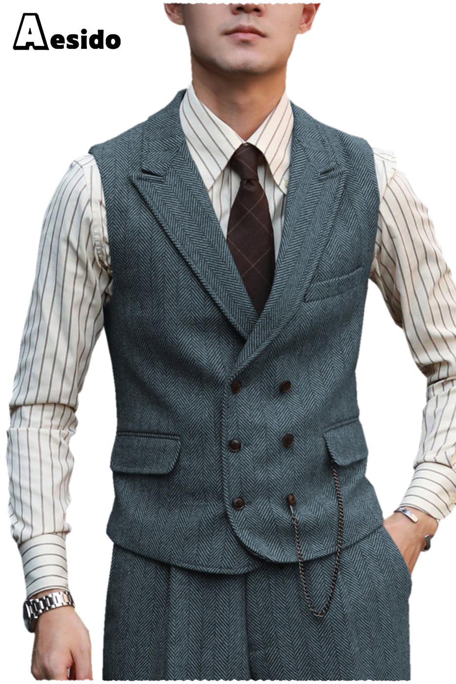 aesido 2 Pieces Double Breasted Peak Lapel Waistcoat （Vest+Pants）