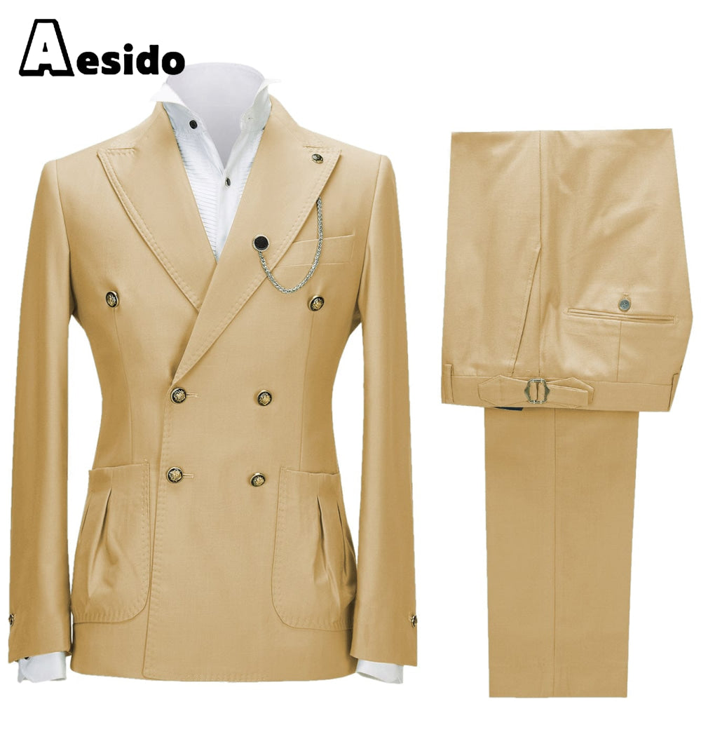 aesido 2 Pieces Double Button Peak Lapel Men Suit（BLazer+Pants）