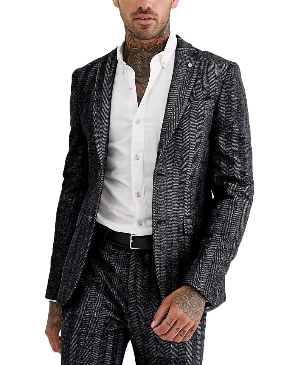 aesido 2 Pieces Mens Suit Herringbone Notch Lapel Blazer For Wedding (Blazer+Pants)