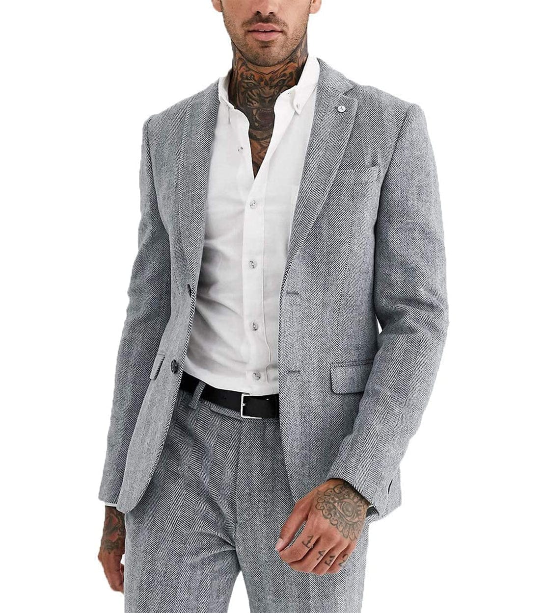 aesido 2 Pieces Mens Suit Herringbone Notch Lapel Blazer For Wedding (Blazer+Pants)