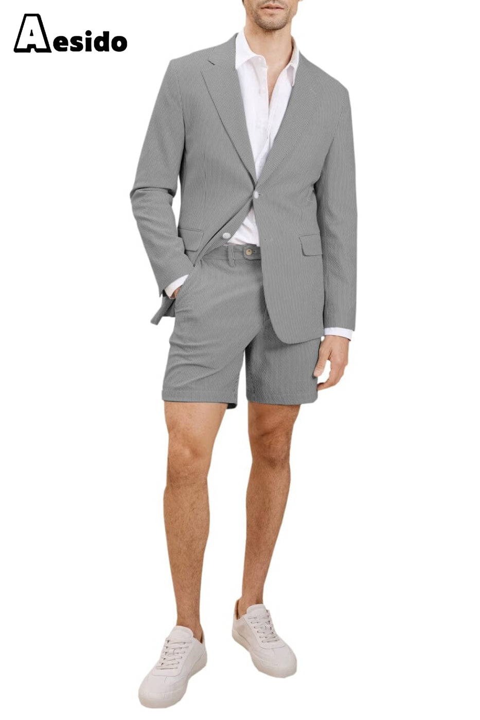 aesido 2024 New Summer Seersucker Casual Men's Suit (Blazer+Shorts)