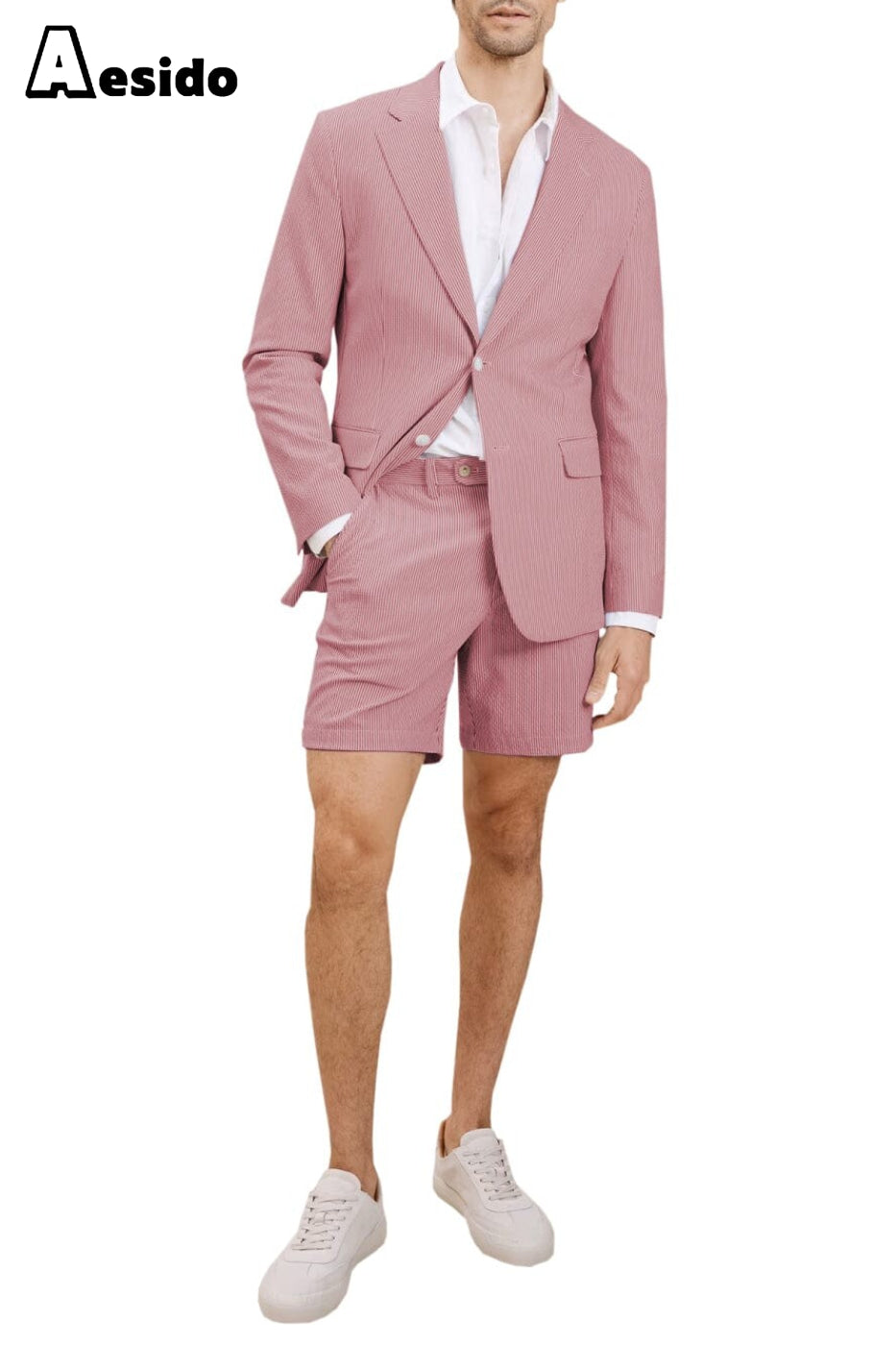 aesido 2024 New Summer Seersucker Casual Men's Suit (Blazer+Shorts)