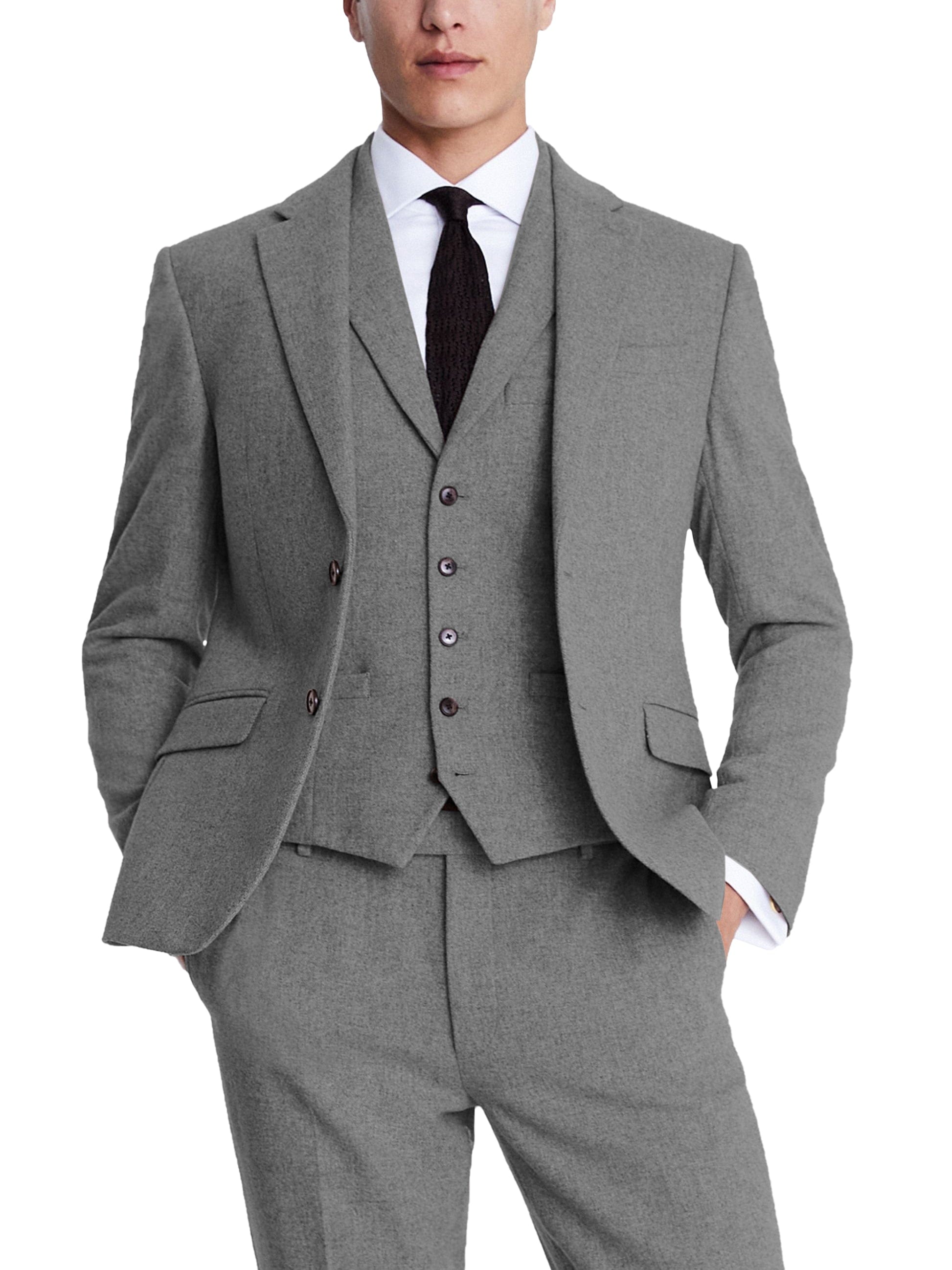 aesido 3 Piece Business Casual Double Button Notch Lapel Tweed Men Suit (Blazer+Vest+Pants)