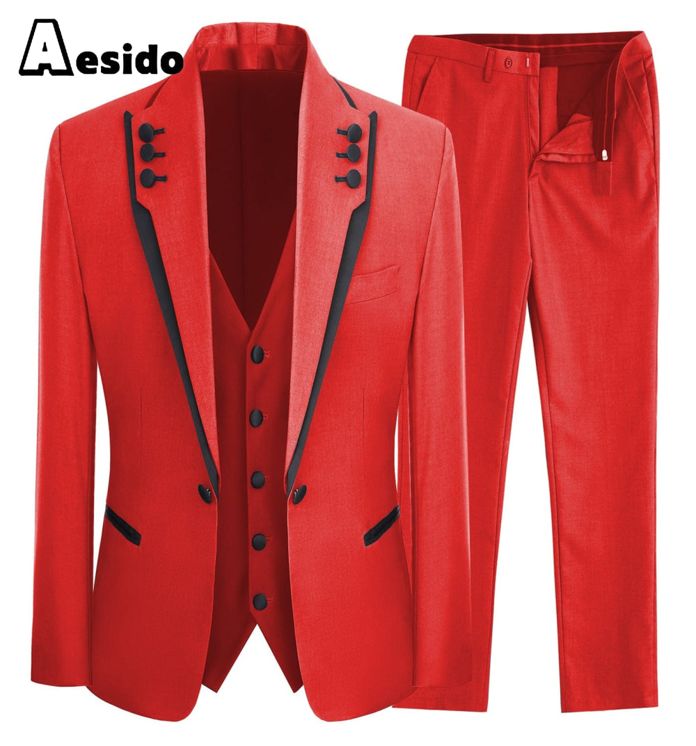 aesido 3 Piece Business Casual Shawl Lapel Men;s Suit (Blazer+Vest+Pants)