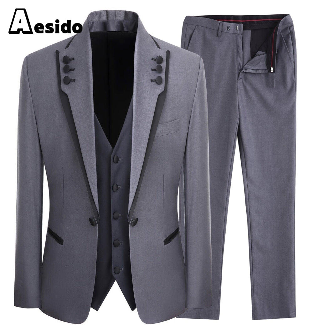 aesido 3 Piece Business Casual Shawl Lapel Men;s Suit (Blazer+Vest+Pants)