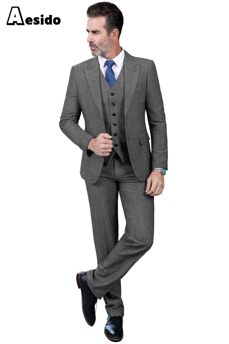 aesido 3 Piece Business Peak Lapel Men's Suit (Blazer+Vest+Pants)