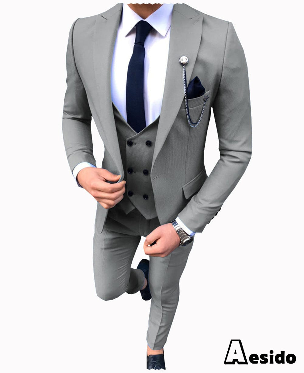 aesido 3 Pieces Business Mens Suit Slim Fit Notch Lapel Flat Blazer For Wedding (Blazer+vest+Pants)