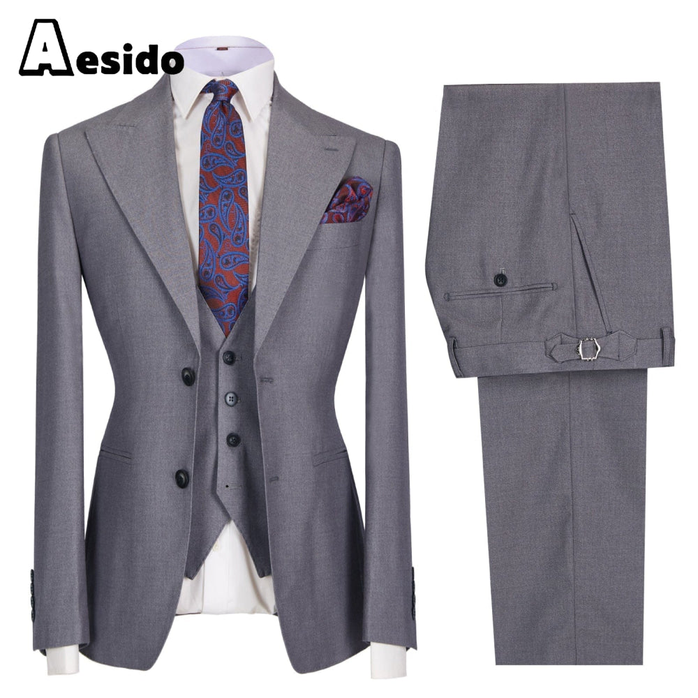 aesido 3 Pieces Business Mens Suit Slim Fit Peak Lapel Flat Blazer For Wedding (Blazer+vest+Pants)