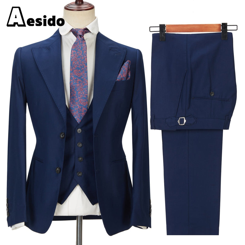 aesido 3 Pieces Business Mens Suit Slim Fit Peak Lapel Flat Blazer For Wedding (Blazer+vest+Pants)