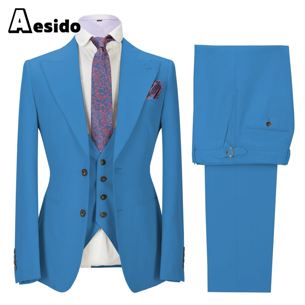 aesido 3 Pieces Business Mens Suit Slim Fit Peak Lapel Flat Blazer For Wedding (Blazer+vest+Pants)