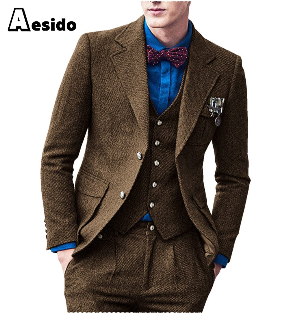 aesido 3 Pieces Double Button Notch Lape Men Suit （Blazer+Vest+Pants）