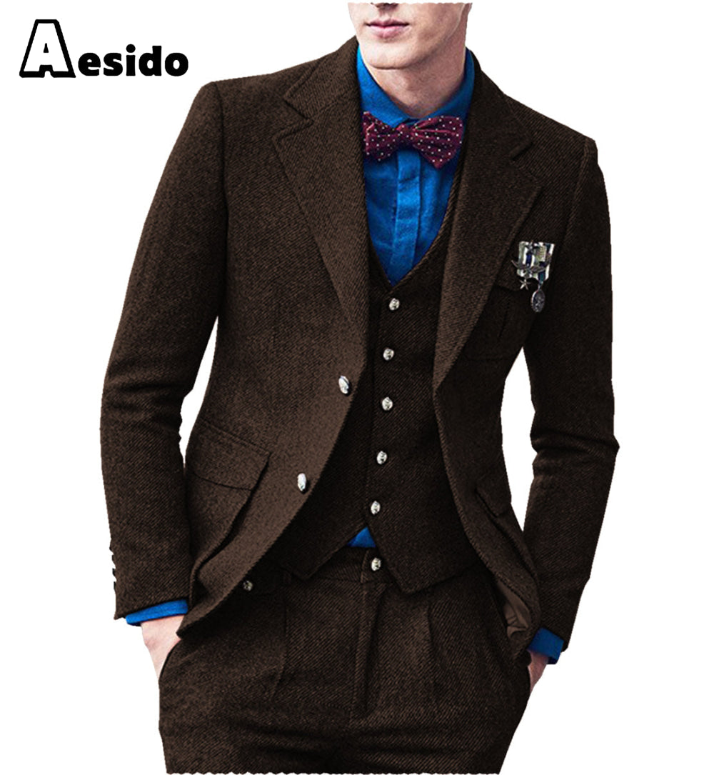 aesido 3 Pieces Double Button Notch Lape Men Suit （Blazer+Vest+Pants）