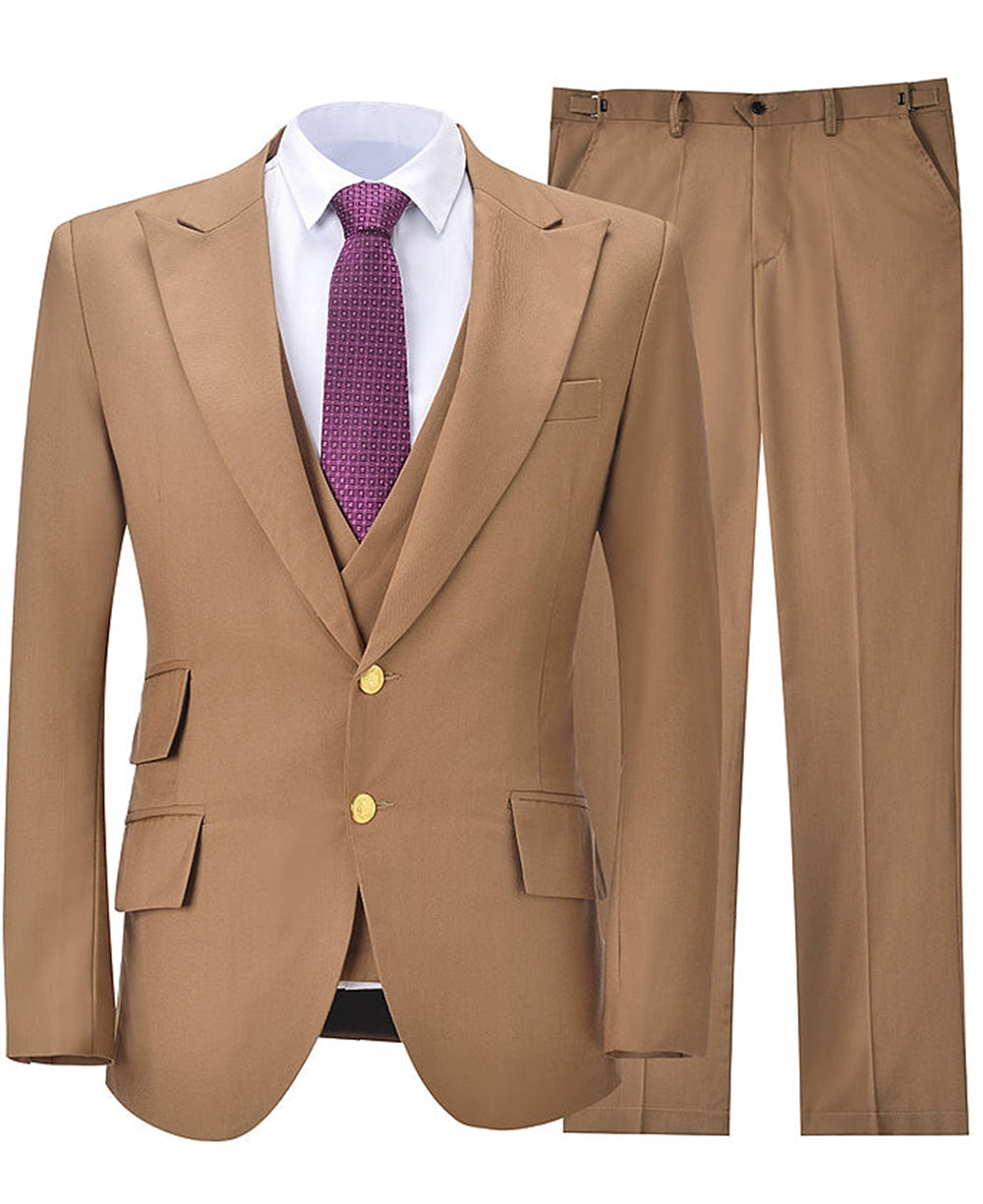 Aesido 3 Pieces Flat Peak Lapel Mens Suit (Blazer+vest+Pants)