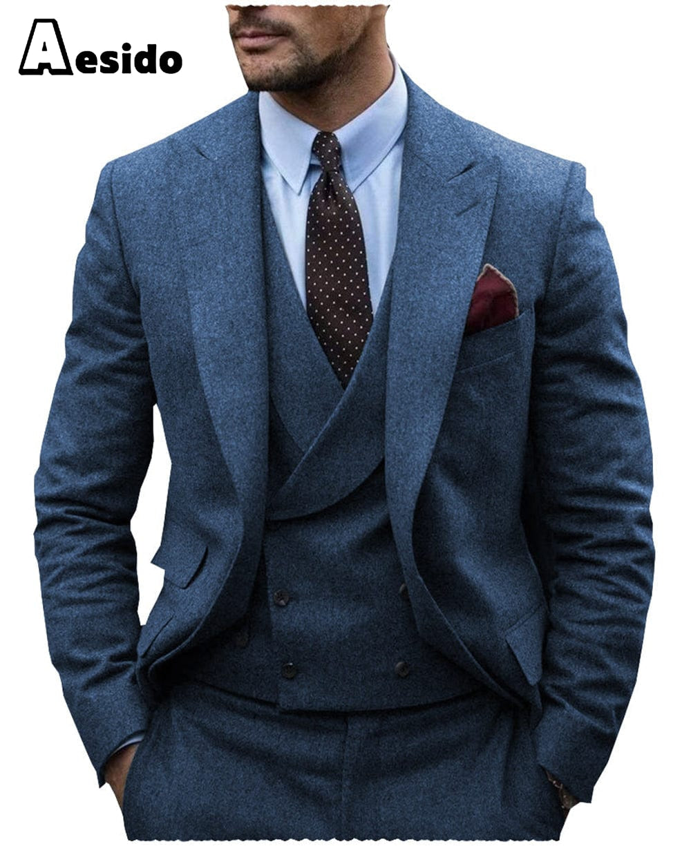 aesido 3 Pieces Mens Herringbone Suit For Wedding (Blazer+Vest+Pants)