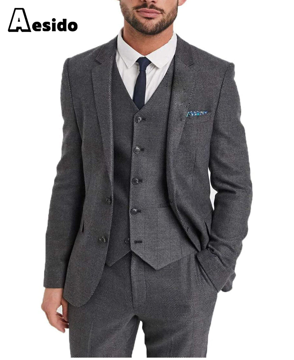 aesido 3 Pieces Mens Suit Herringbone Notch Lapel Blazer For Wedding (Blazer+vest+Pants)