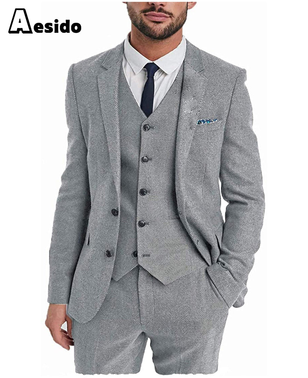 aesido 3 Pieces Mens Suit Herringbone Notch Lapel Blazer For Wedding (Blazer+vest+Pants)