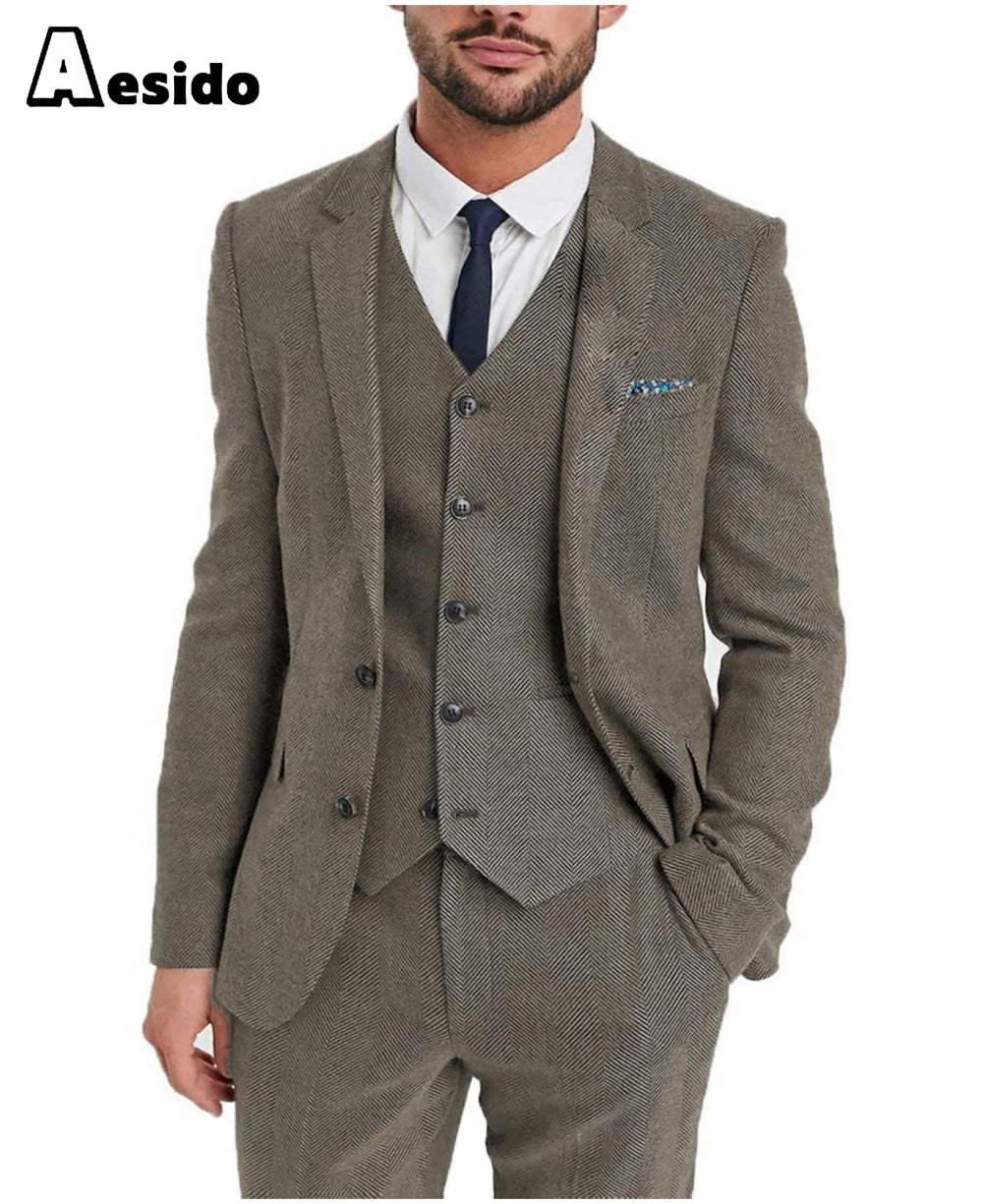 aesido 3 Pieces Mens Suit Herringbone Notch Lapel Blazer For Wedding (Blazer+vest+Pants)