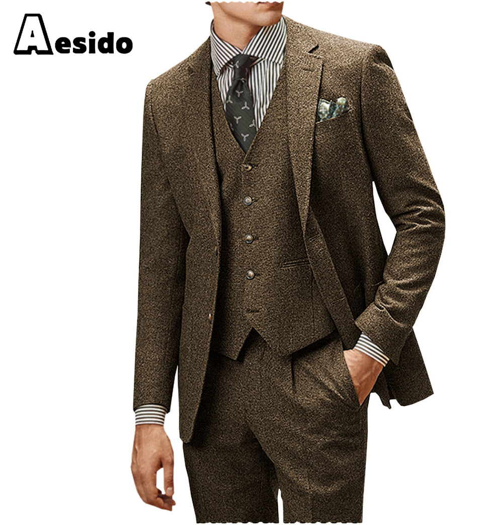 aesido 3 Pieces Notch Lapel Men Suit (Blazer+Vest+Pants)