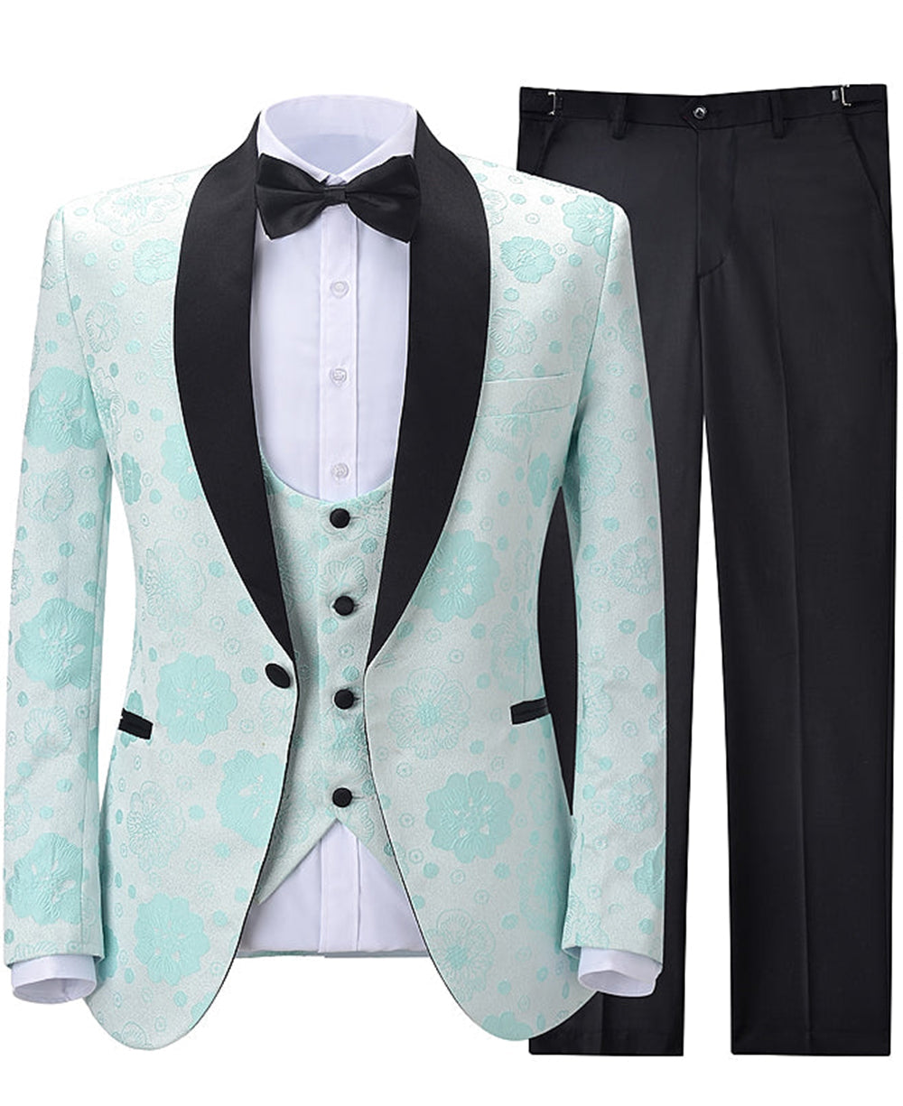 Aesido 3 Pieces Patterned Shawl Lapel Mens Suit (Blazer+vest+Pants)