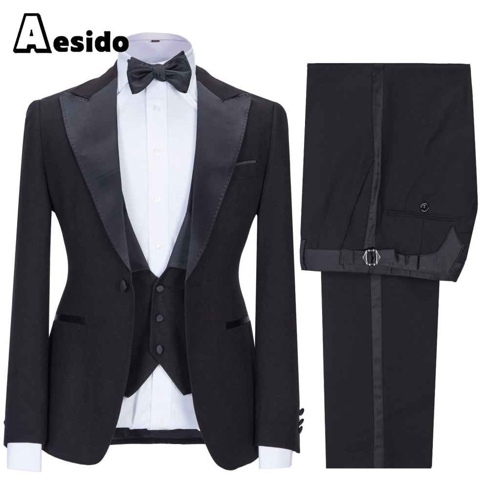 aesido 3 Pieces Peak Lapel Flat Mens Suit (Blazer+vest+Pants)