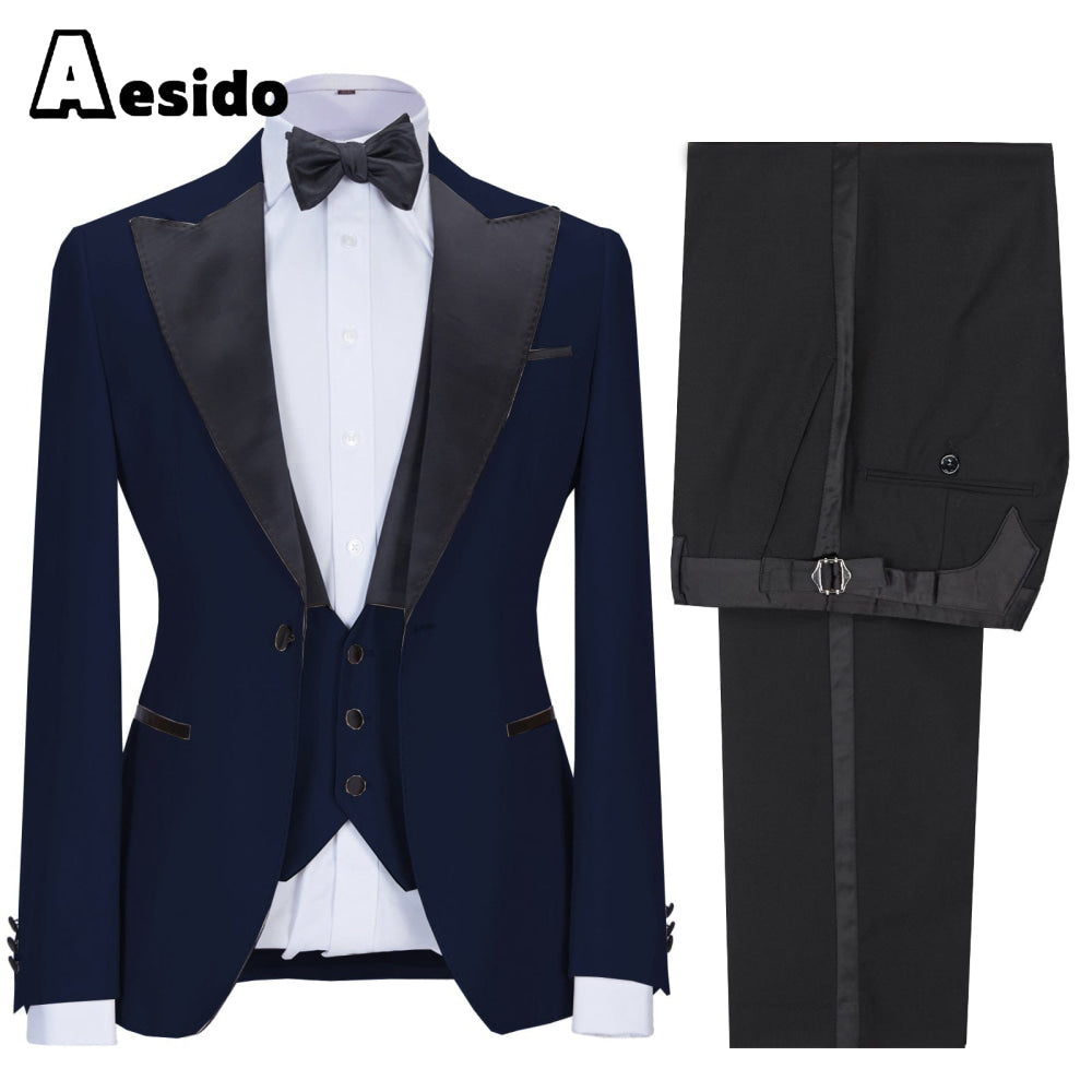 aesido 3 Pieces Peak Lapel Flat Mens Suit (Blazer+vest+Pants)