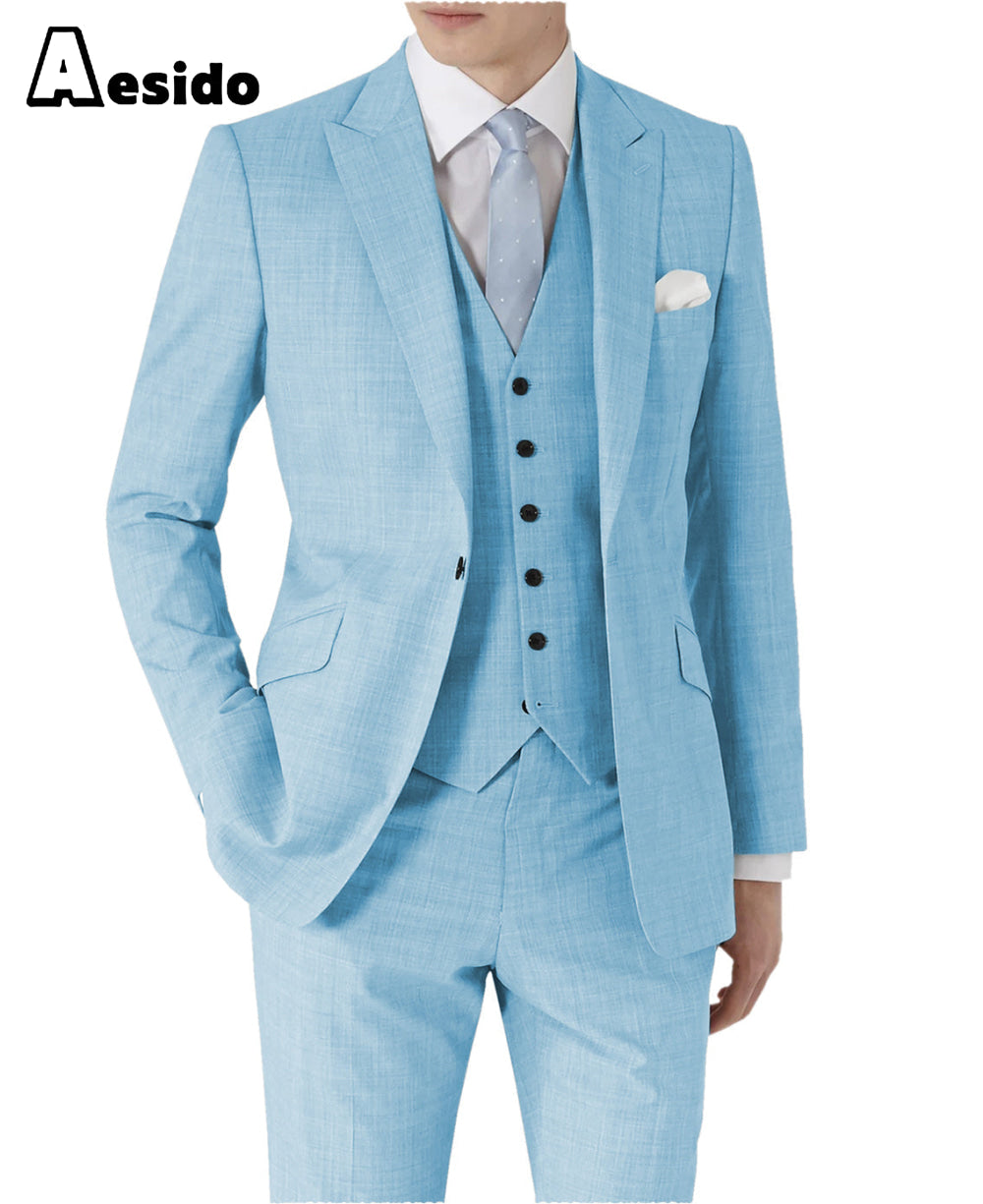 aesido 3 Pieces Single Buttons Peak Lapel Men Suit（Blazer+Vest+Pants）