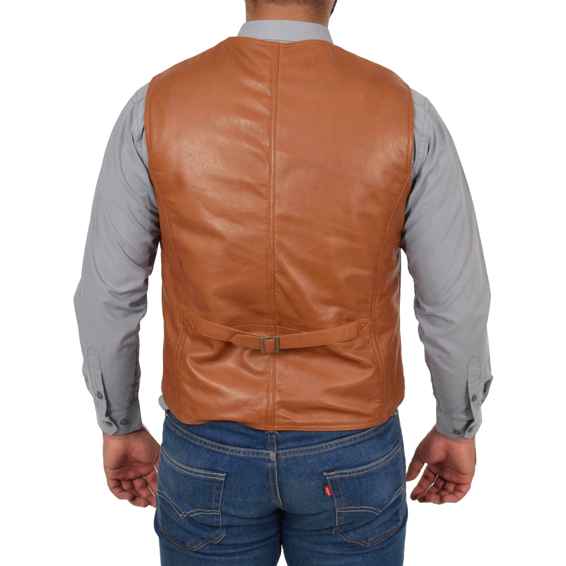 aesido Brown Men's Single Breasted V Neck Leather Vest