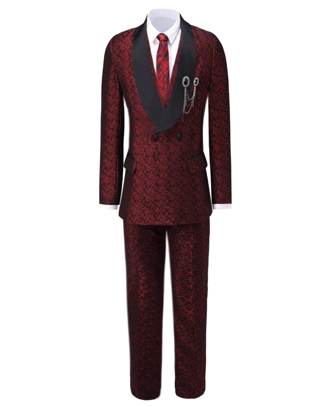 aesido Burgundy Patterned Shawl Lapel 3 Pieces Mens Suit Tuxedos (Blazer+vest+Pants)