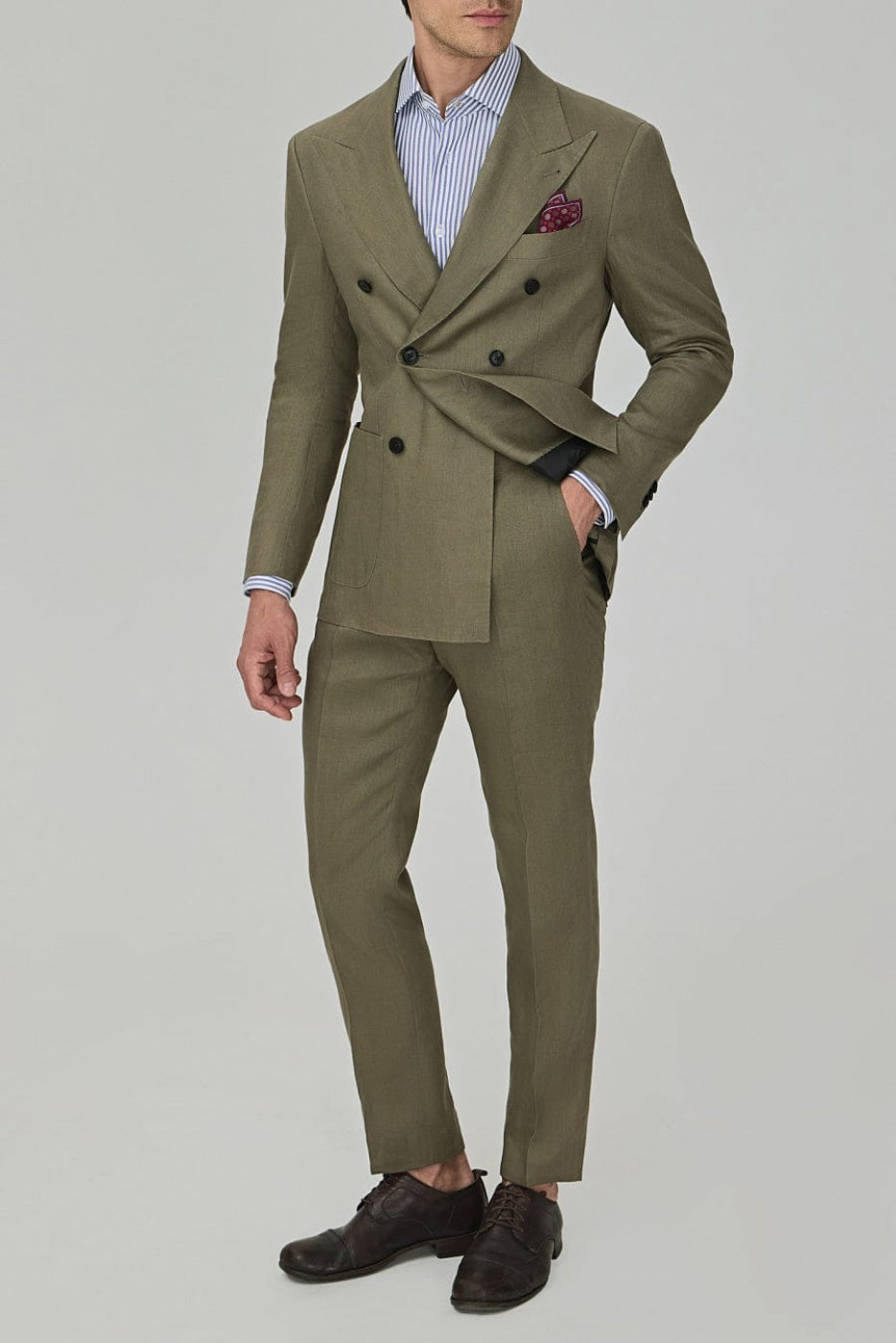 aesido Business Casual 2 Piece Olive Green Peak Lapel Men's Suit (Blazer+Pants)