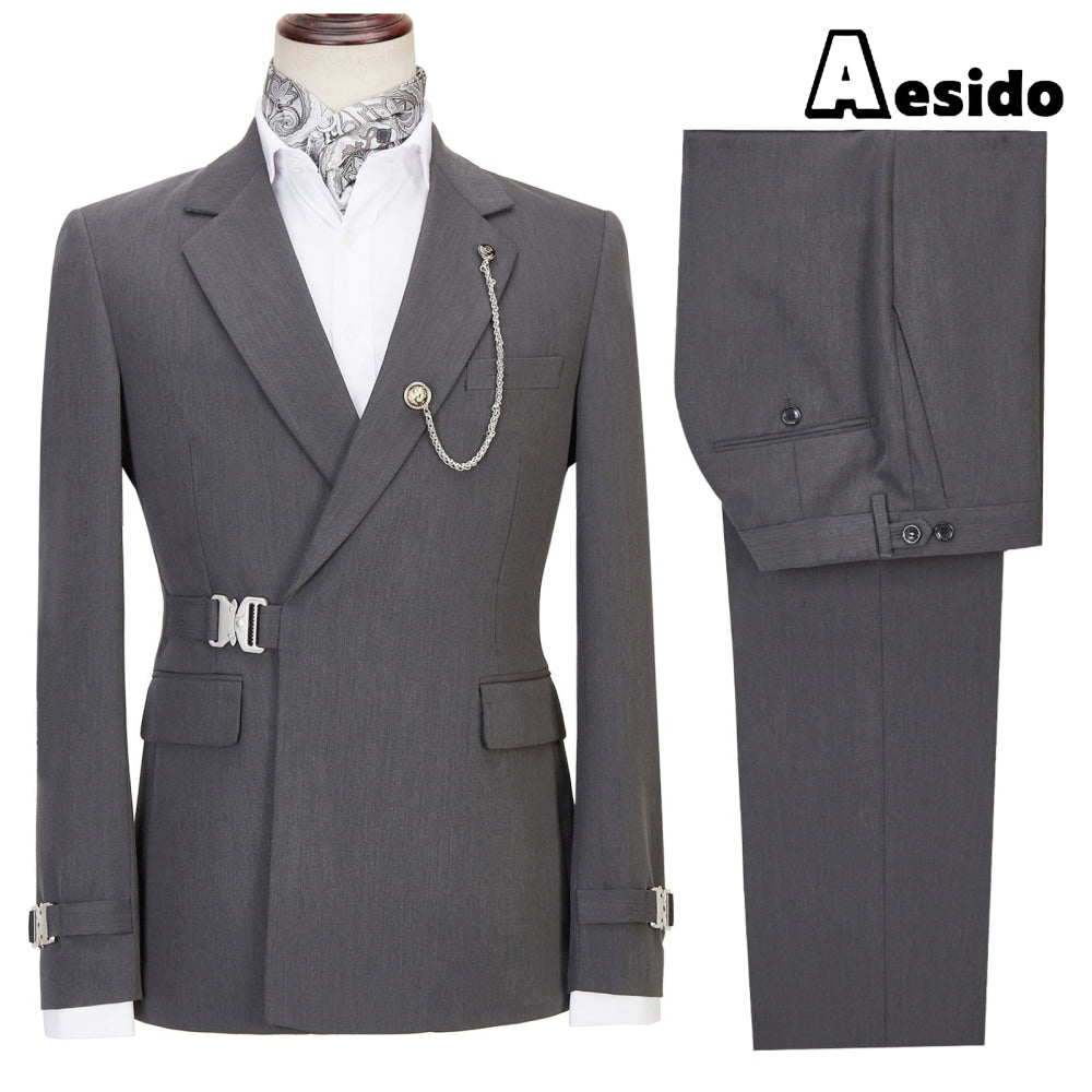 aesido Business Men's Suit 2 Pieces Notch Lapel Flat Blazer (Blazer + Pants)