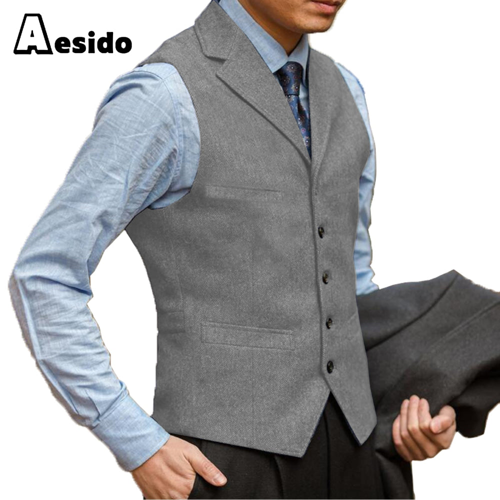 aesido Business Men's Suit Vest Herringbone Notch Lapel Waistcoat