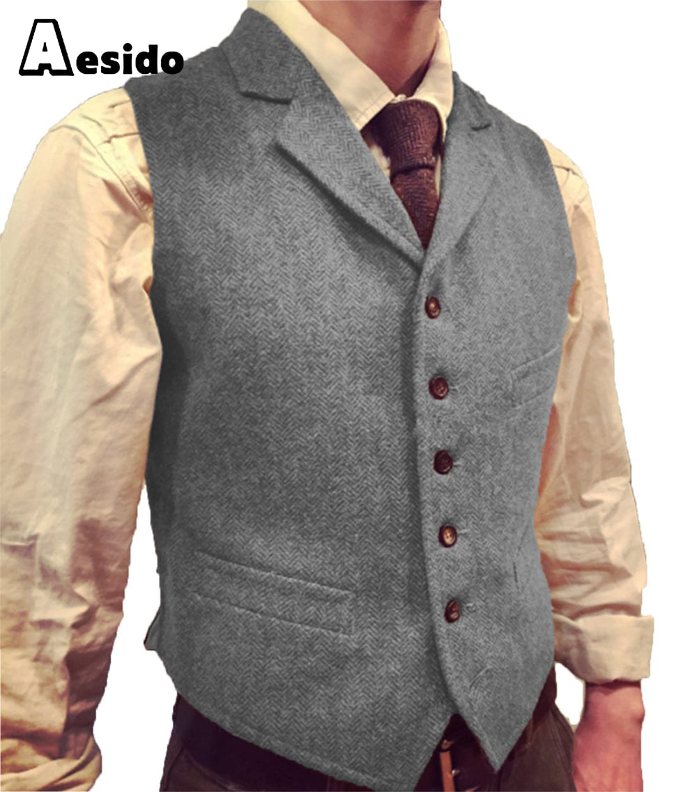 aesido Casual Men's Suit Vest Herringbone Notch Lapel Waistcoat