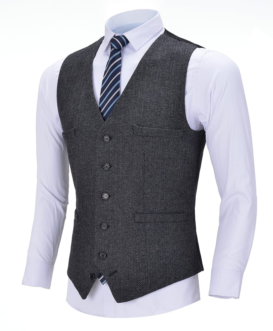 aesido Dark Grey Herringbone V Neck Waistcoat