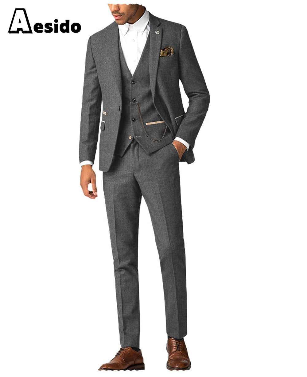 aesido Flat 3 Piece Men's Suit For Wedding(Blazer + Vest + Pants)