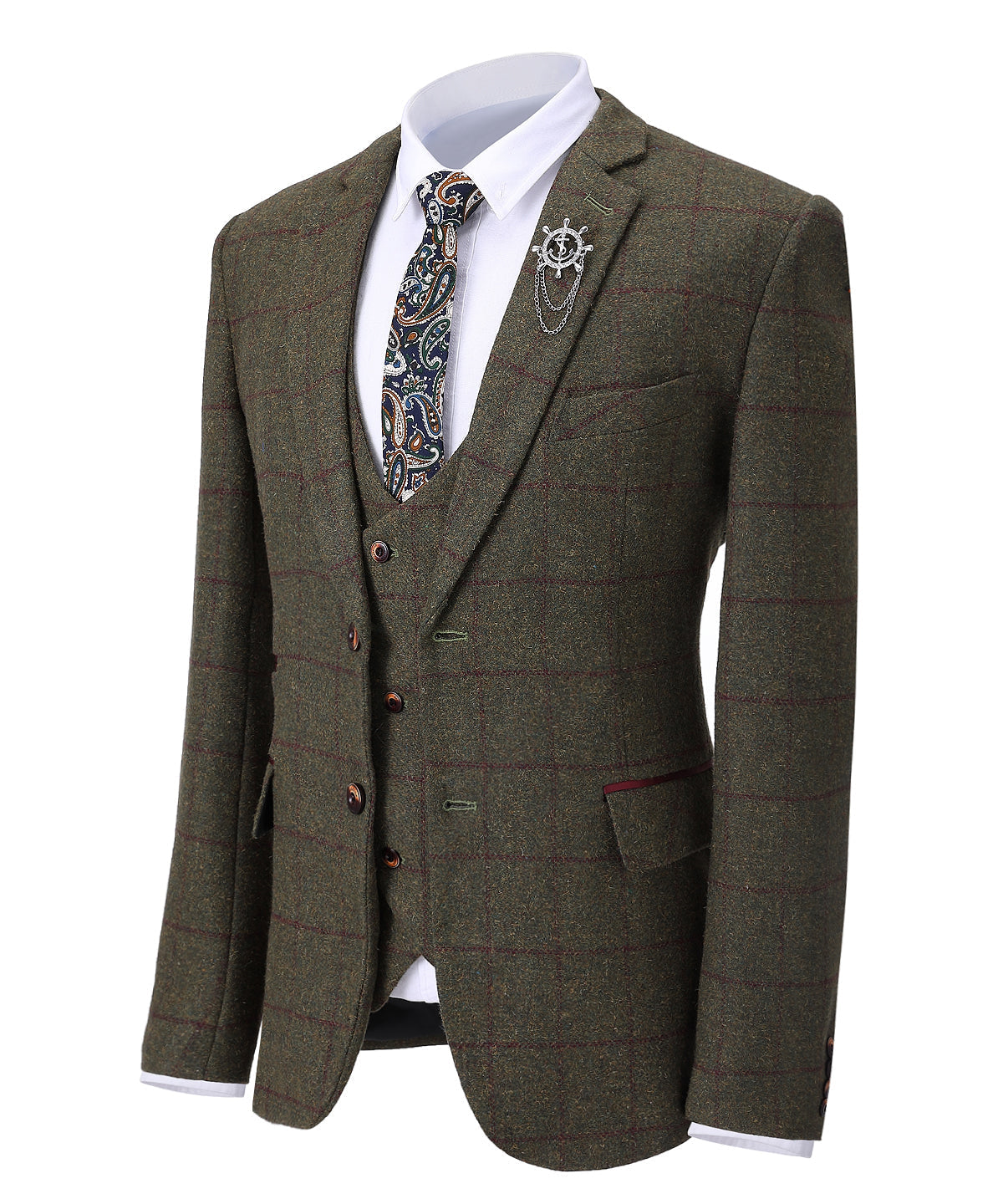 aesido Formal 3 Pieces Tweed Plaid Notch Lapel Mens Suit (Blazer+vest+Pants)