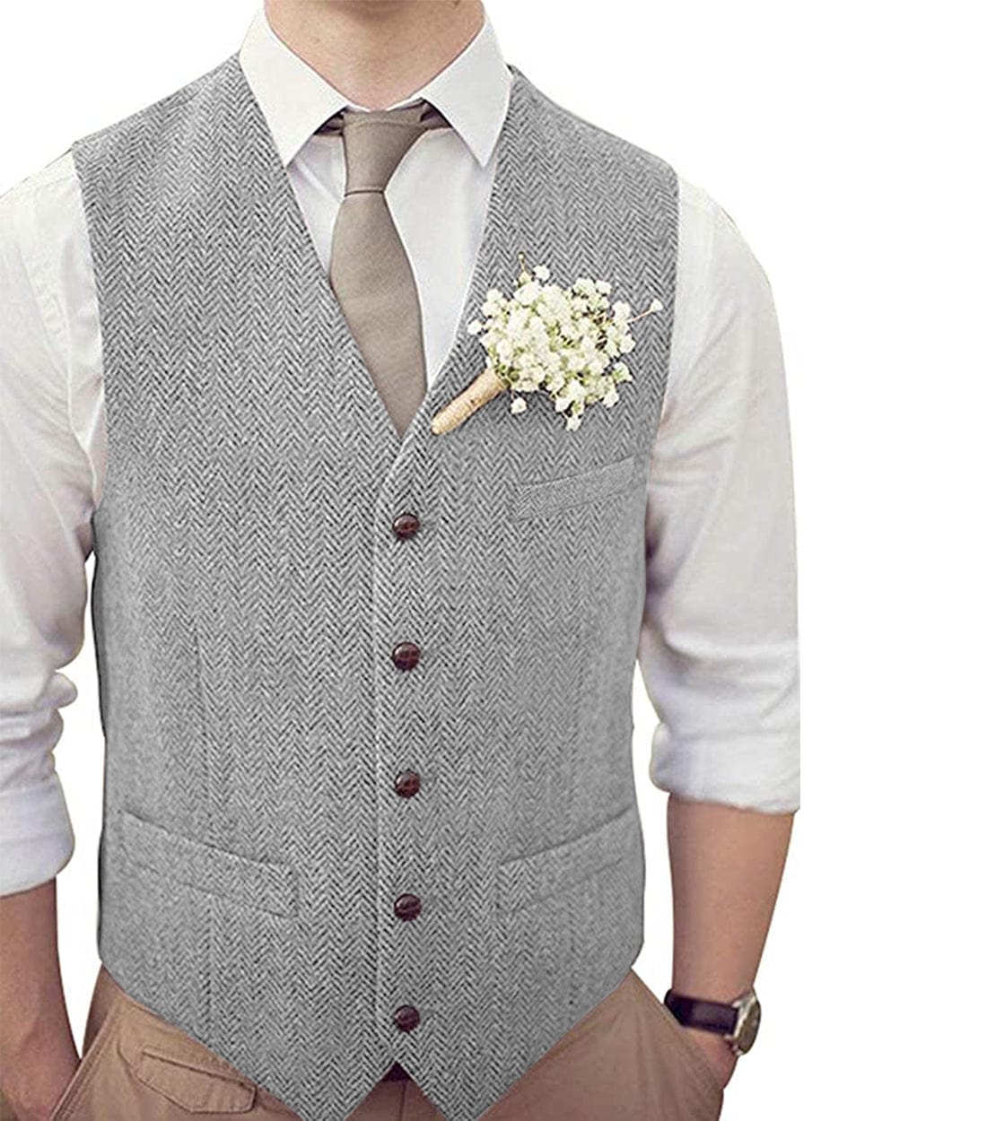 aesido Formal Men's Suit Vest Herringbone V Neck Waistcoat for Wedding