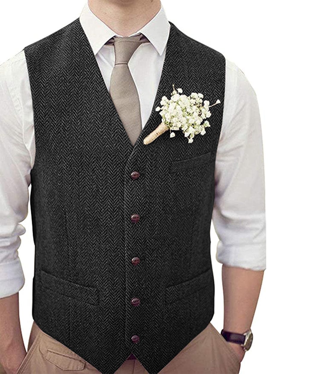 aesido Formal Men's Suit Vest Herringbone V Neck Waistcoat for Wedding