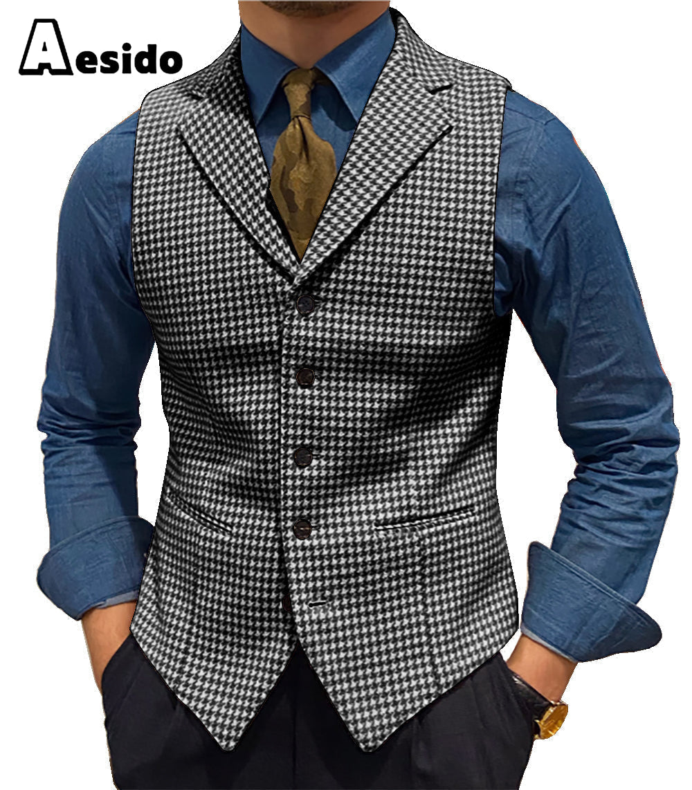 aesido Formal Men's Suit Vest Houndstooth Lapel Waistcoat