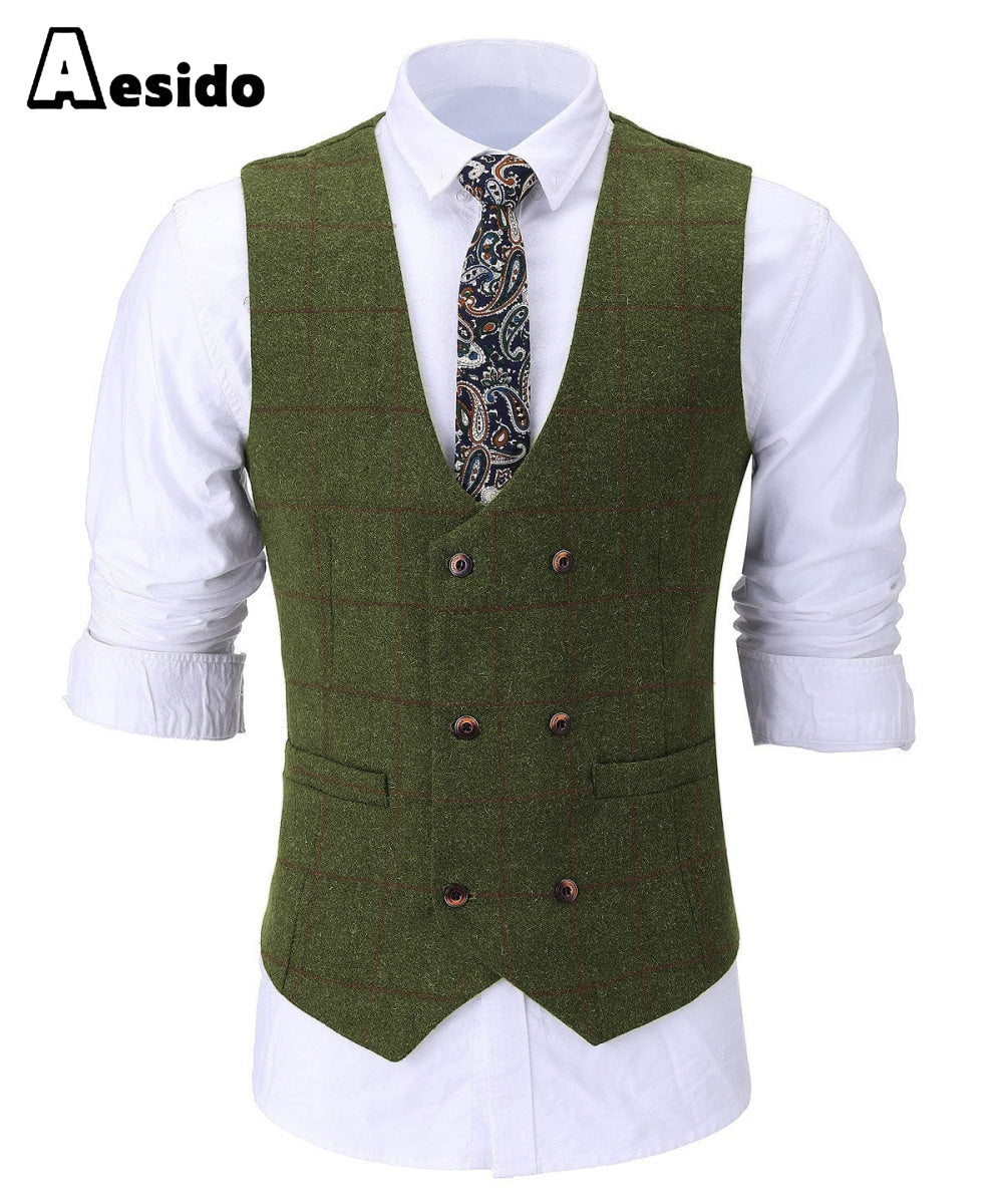 aesido Formal Men's Suit Vest Plaid Tweed U Neck Waistcoat