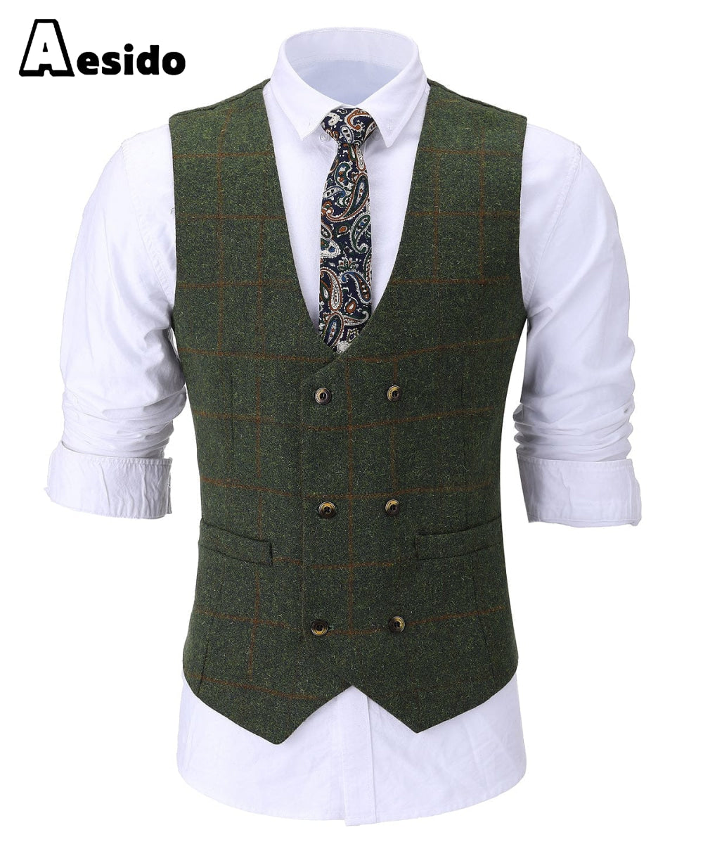 aesido Formal Men's Suit Vest Plaid Tweed U Neck Waistcoat